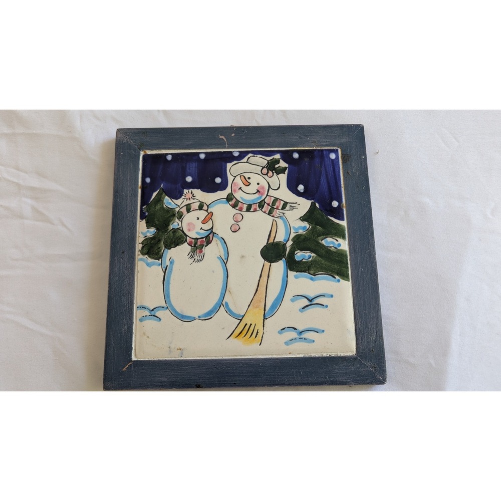 World Bazaars Inc Snowman Hand Painted Ceramic Tile Framed Wall Art 7.75"